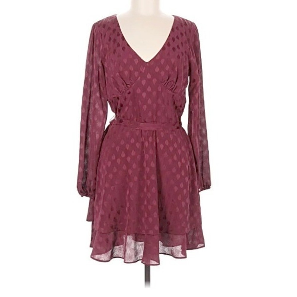 The General Good Tiered Mini Women L Burgundy Dress Long Sleeve Boho Jacquard